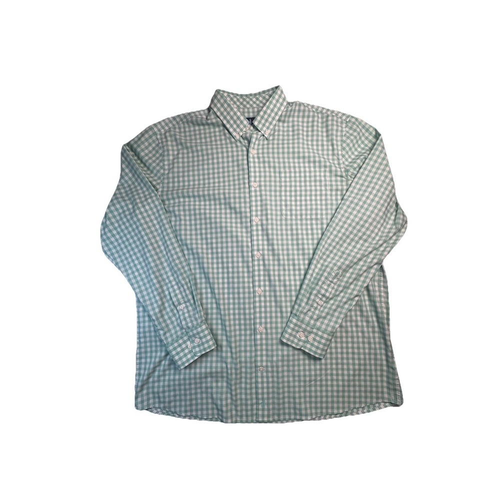 Johnnie-O Prep-Formance Green White Gingham Button Front Shirt Men's XL Check